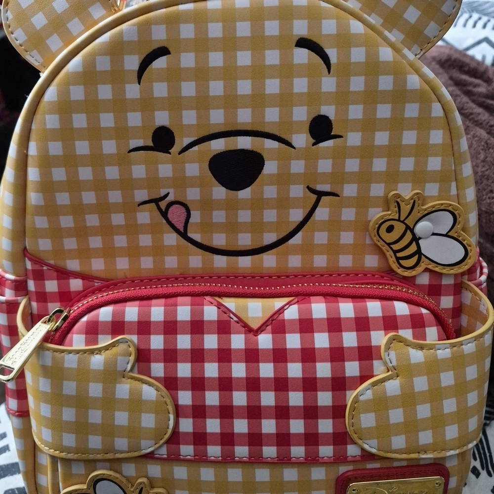 Disney Yellow & Red Winnie the Pooh Gingham Loungefly Backpack NWT !